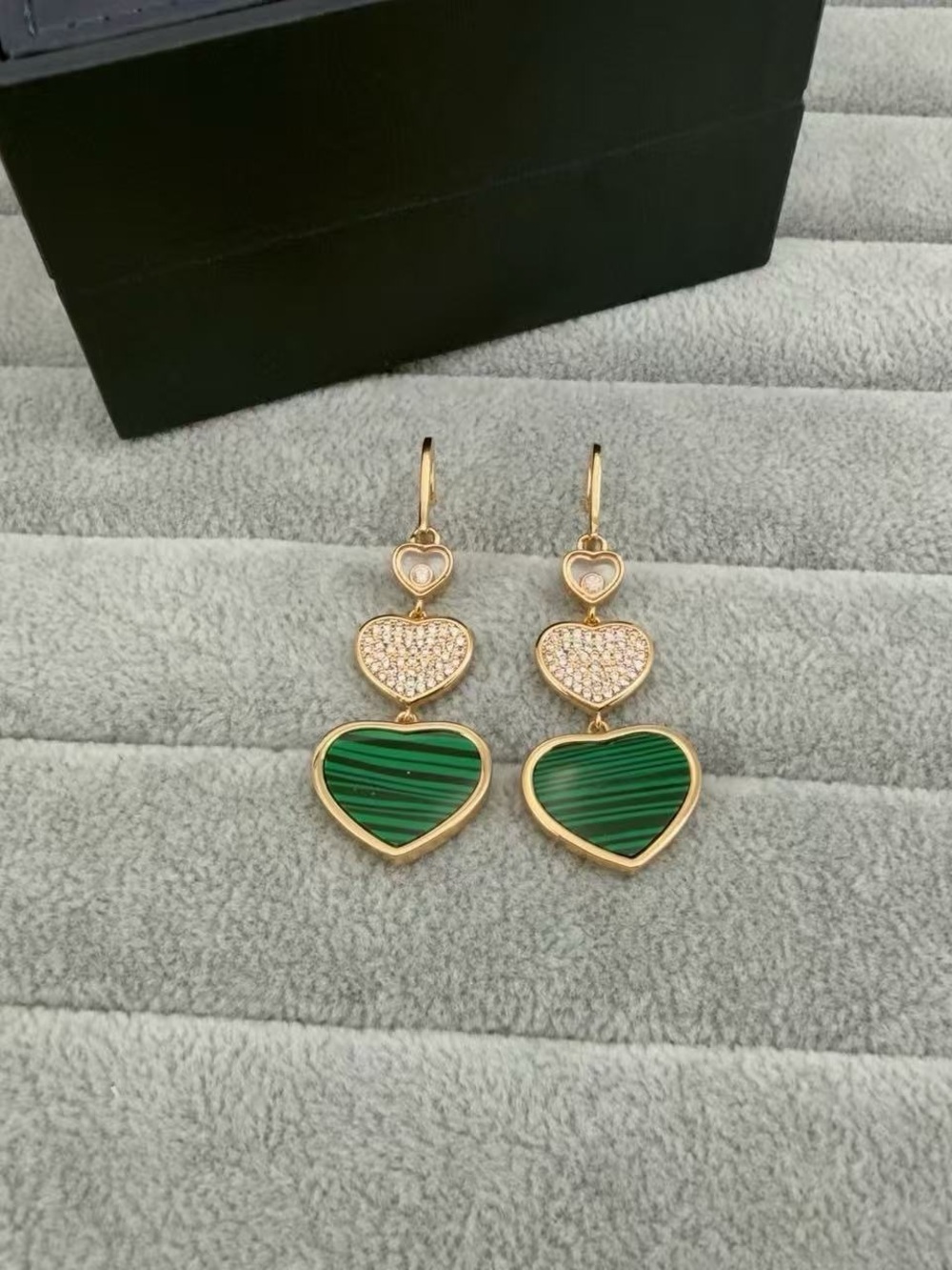 Gold-Tone Green Heart Drop Earrings with Crystal Accents